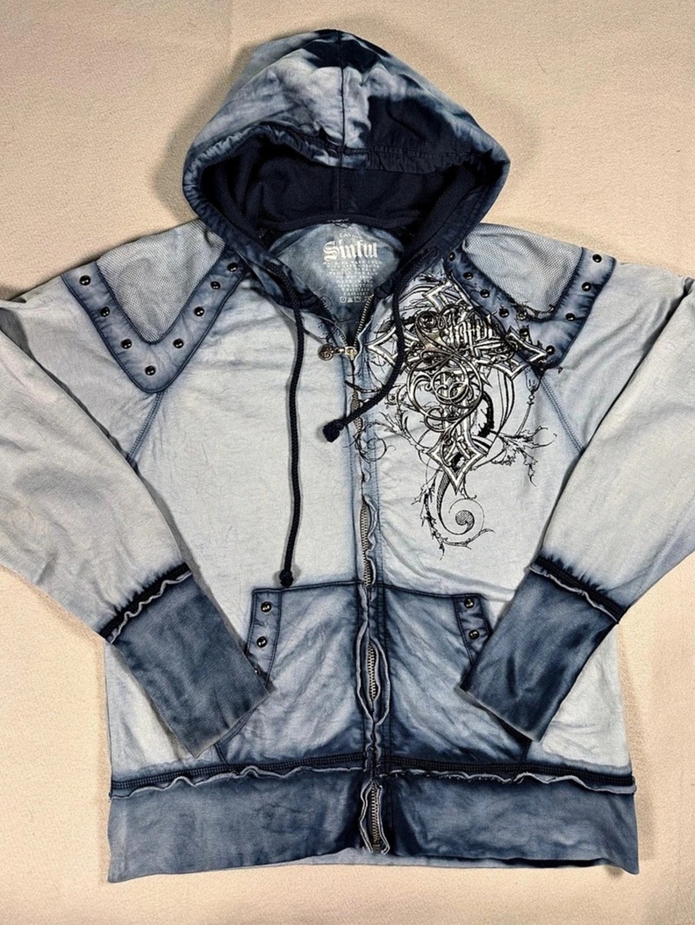 Sinful Graphic Zip Hoodie Blue & Gray Size Medium